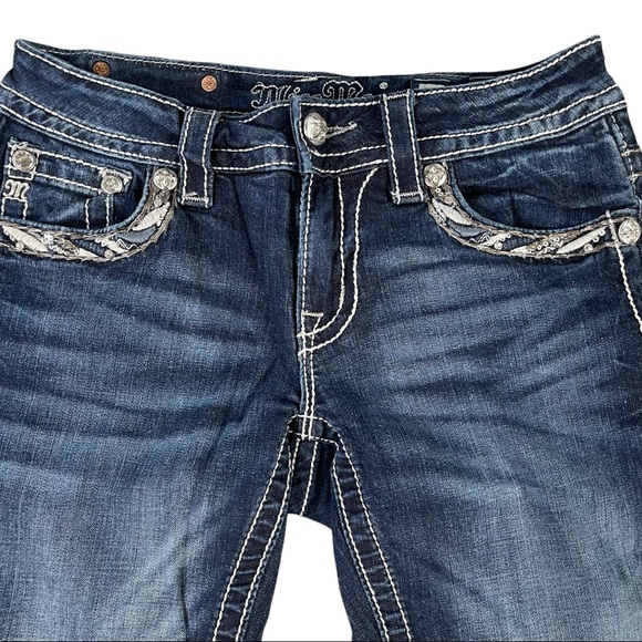 Miss Me Size 27 dark wash jeans signature boot, button flap pockets with designs - Picture 2 of 13